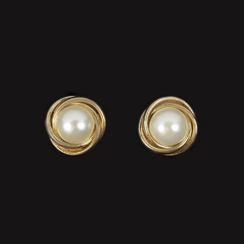 women’s pearl earrings-PEARL STUD EARRINGS 14k YELLOW GOLD TWIST CLASSIC ROUND WHITE ANNIVERSARY GIFT