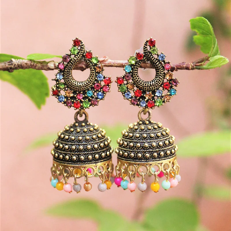 women’s designer earrings-H K Fashion Antique Gold Austrian Stone And Beads Jhumki Earrings