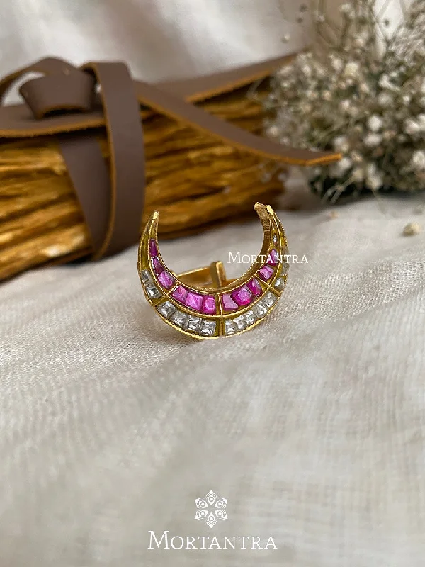 women’s multi-stone rings-Pink Color Gold Plated Thappa Jadau Kundan Ring - TJ-R43WP