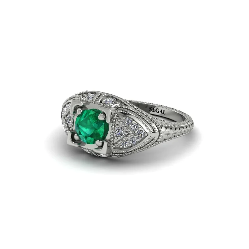 women’s unique engagement rings-Round Emerald Filigree Art Deco Vintage Engagement Ring - Bree No. 6