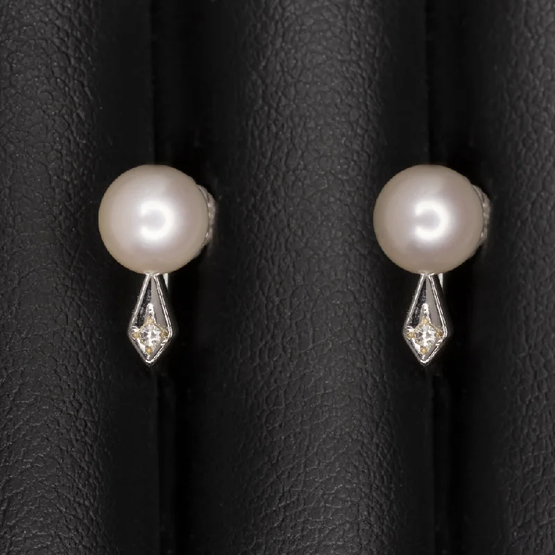 women’s dangling gemstone earrings-VINTAGE PEARL DIAMOND 14k WHITE GOLD EARRINGS RETRO ESTATE STUD GIFT CLASSIC