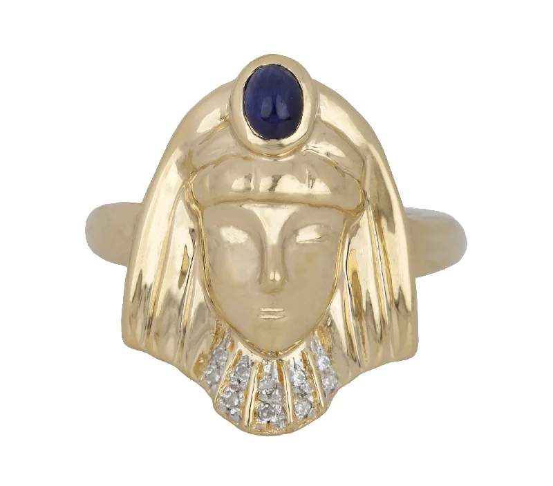 women’s three-stone sapphire engagement rings-Art Deco 14K Yellow Gold Egyptian Revival Pharaoh Cabochon 0.10ctw Diamond Ring