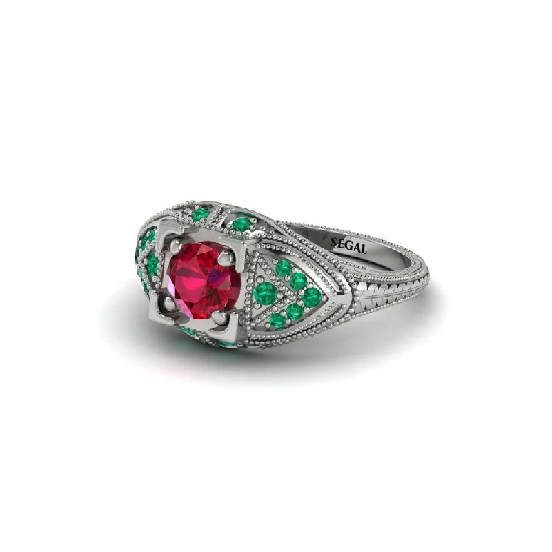 women’s platinum engagement rings-Round Ruby Filigree Art Deco Vintage Engagement Ring - Bree No. 27