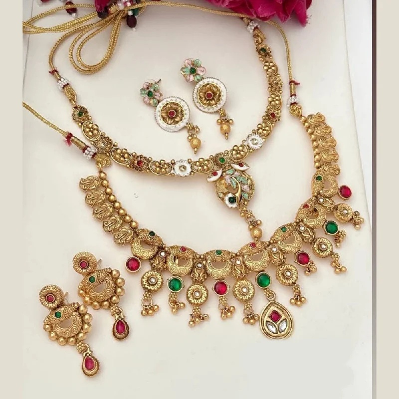 women’s affordable necklaces-FS Collection Gold Plated Pota Stone And Meenakari Double Necklace Set