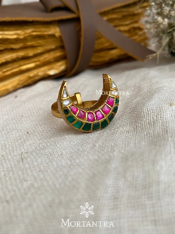 women’s handmade gemstone rings-Multicolor Gold Plated Thappa Jadau Kundan Ring - TJ-R14M