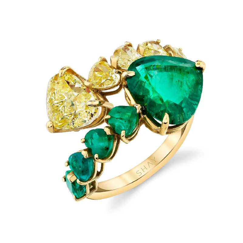 women’s multi-stone rings-READY TO SHIP YELLOW DIAMOND & EMERALD HEART BYPASS RING