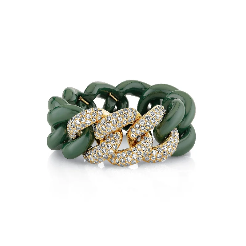 women’s vintage diamond rings-TRIPLE PAVE GREEN CERAMIC LINK RING