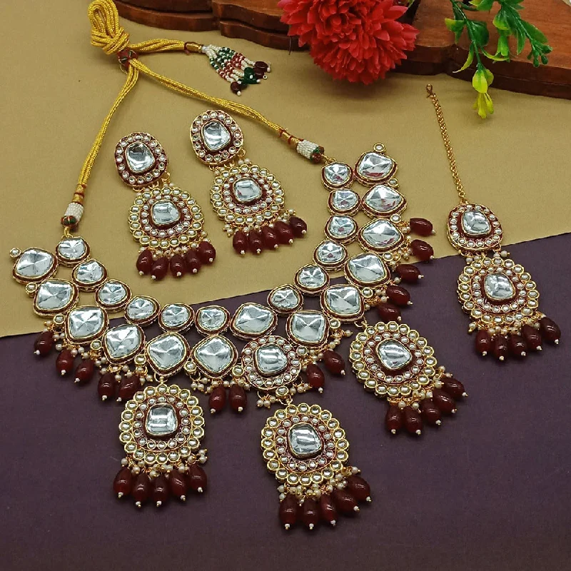 women’s name necklaces with gemstones-Gehana Mahal Gold Plated Kundan Stone Necklace Set