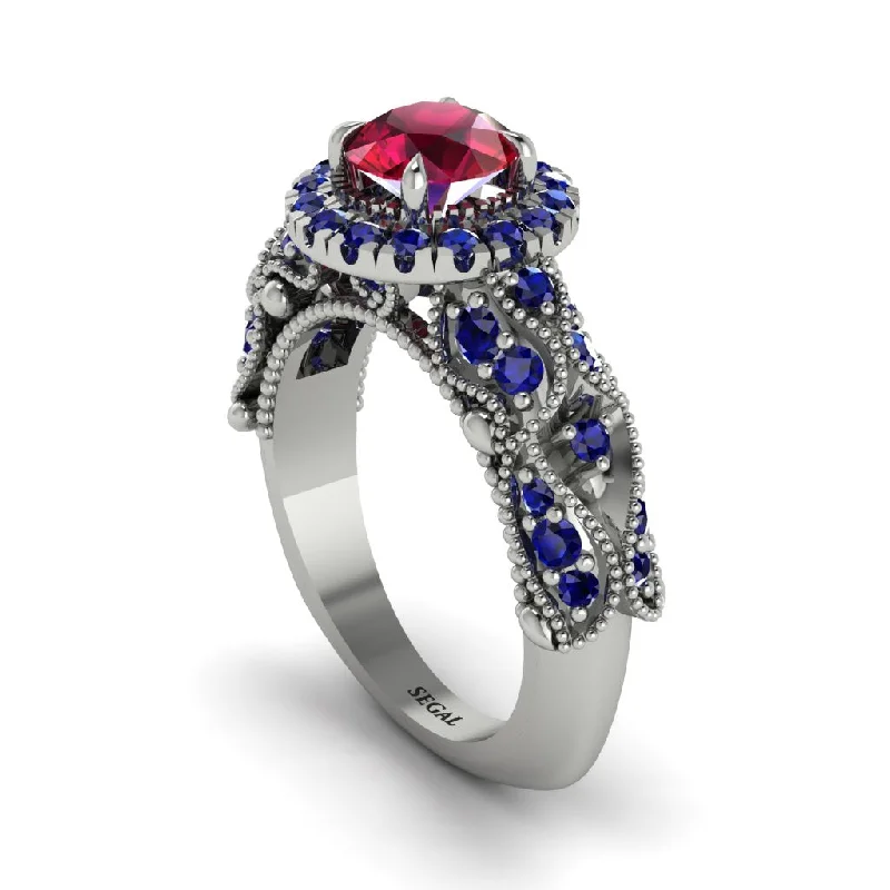 women’s round diamond engagement rings-Exclusive Halo Ruby Milgrain Engagement Ring - Kendra No. 72