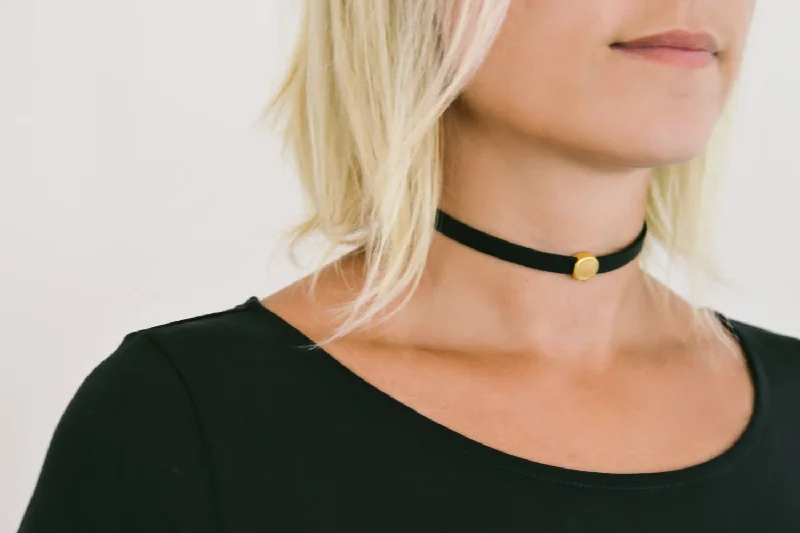 women’s vintage charm necklaces-Black strap choker necklace with a gold round bead, gift for her