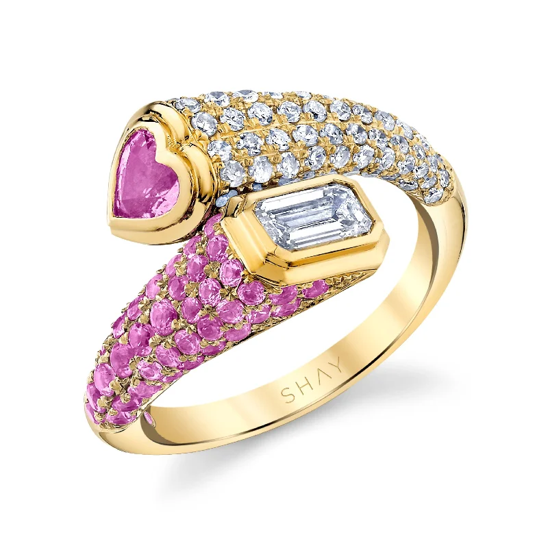 women’s statement engagement rings-READY TO SHIP DIAMOND & PINK SAPPHIRE MIXED BYPASS PINKY RING