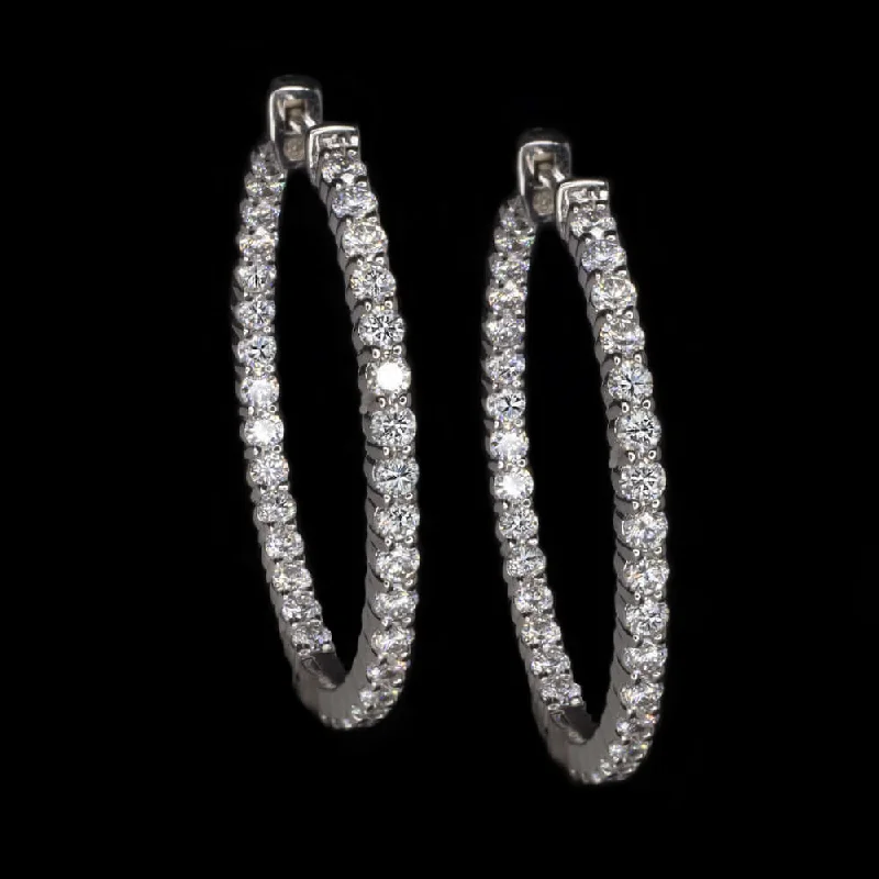 women’s gold hoop earrings-3 CARAT NATURAL DIAMOND HOOP EARRINGS 1.3 INCH IN & OUT 14k WHITE GOLD LARGE