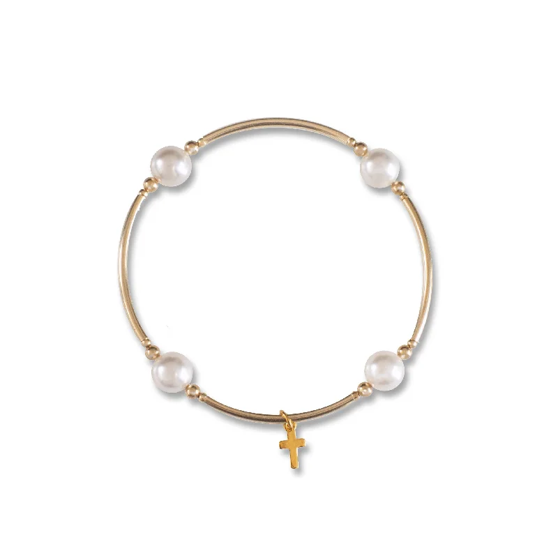 women’s pearl bangle bracelets-Gold Cross Charm White Pearl 8mm Blessing Bracelet Small