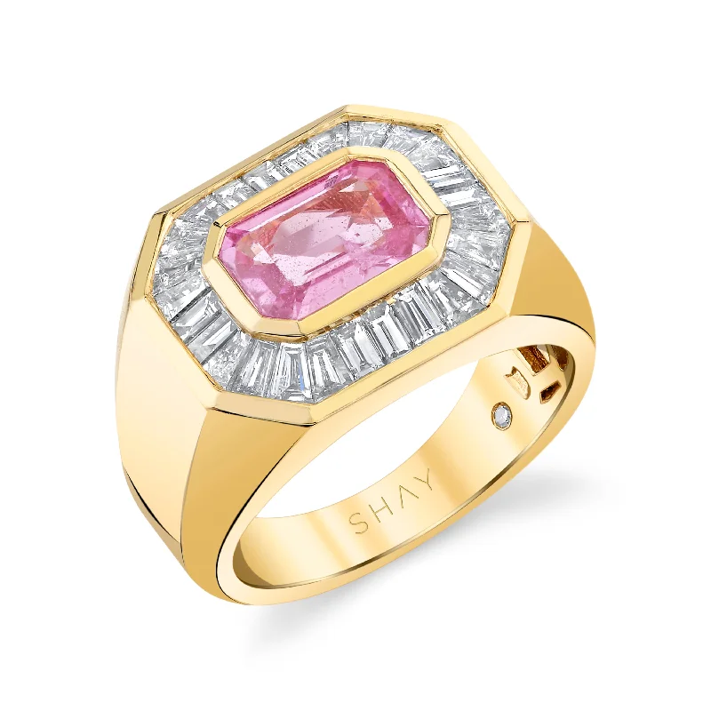 women’s birthstone engagement rings-PINK SAPPHIRE & DIAMOND BAGUETTE CHAMPIONSHIP RING