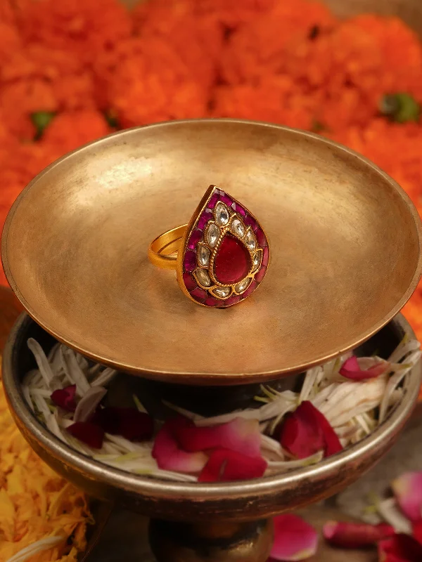 women’s adjustable gemstone rings-Pink Color Gold Plated Jadau Kundan Ring - MRNG121