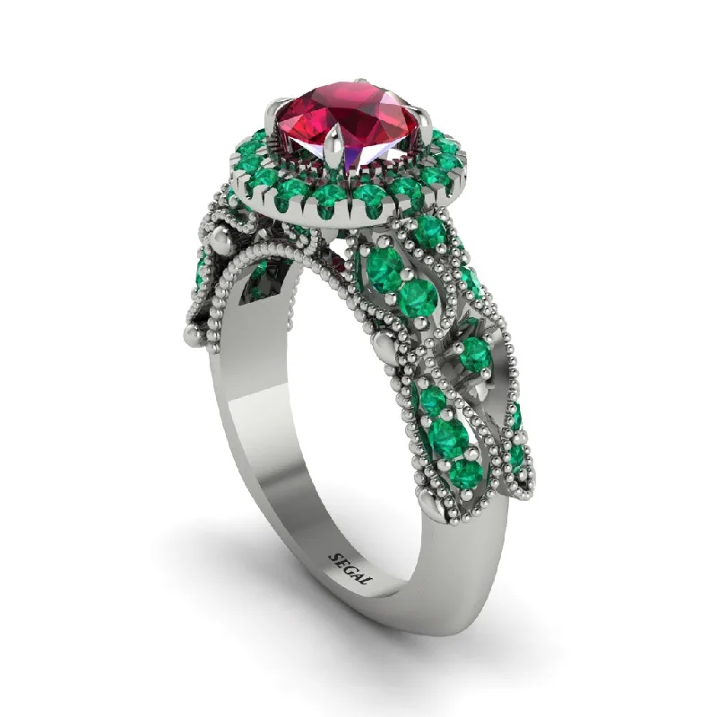 women’s diamond eternity engagement rings-Exclusive Halo Ruby Milgrain Engagement Ring - Kendra No. 27