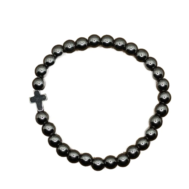 women’s elegant bracelets-Hematite Cross Hematite Round Bracelet 6mm