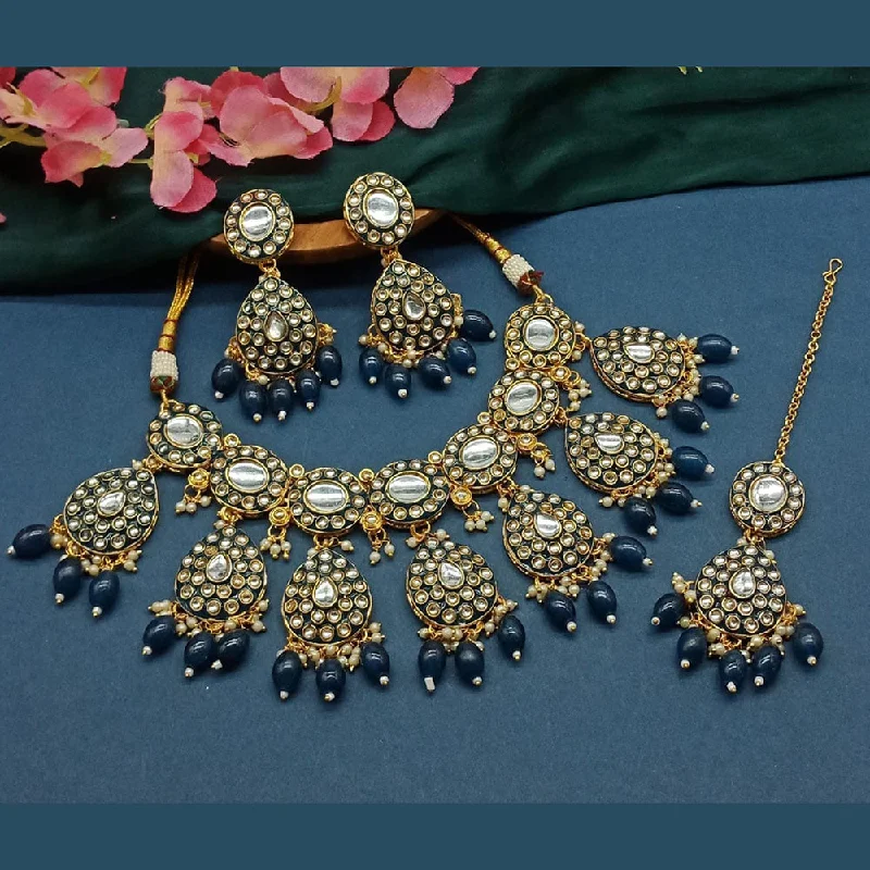 women’s custom necklaces-Sai Fashion Gold Plated Kundan And Beads Necklace Set