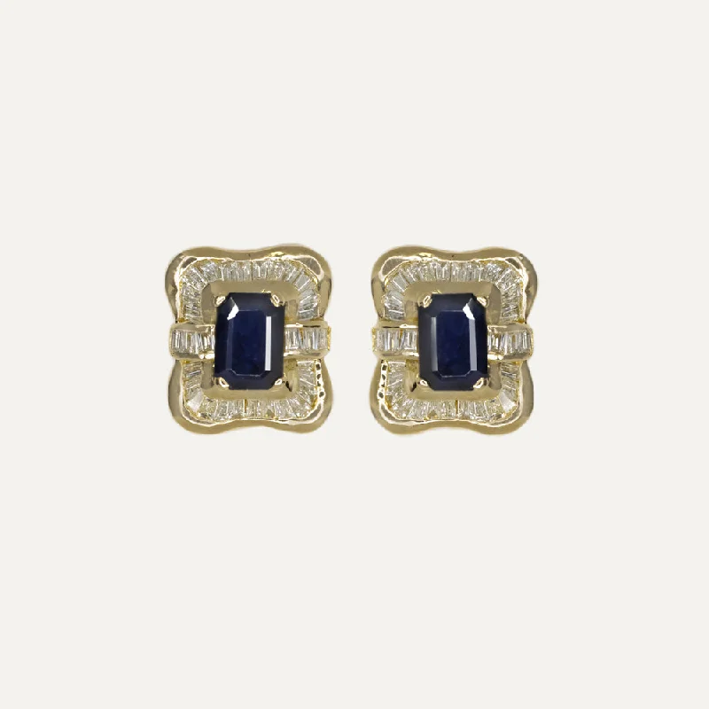 women’s pearl earrings-SAPPHIRE DIAMOND STUD EARRINGS BAGUETTE HALO 14k YELLOW GOLD EMERALD CUT ESTATE