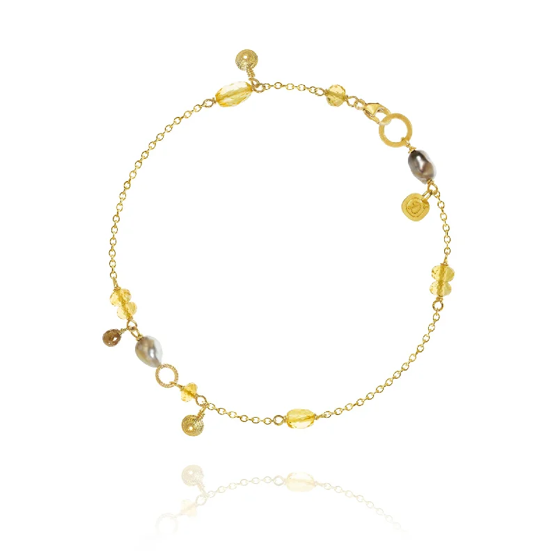 women’s wedding bracelets-Piccolo Golden Desert 18K Gold Bracelet w. Citrin, Diamonds & Pearl