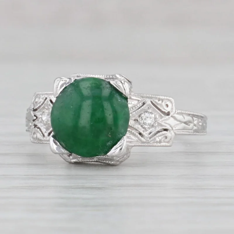 women’s modern engagement rings-Vintage Green Jadeite Jade Diamond Ring 18k White Gold Size 6.75