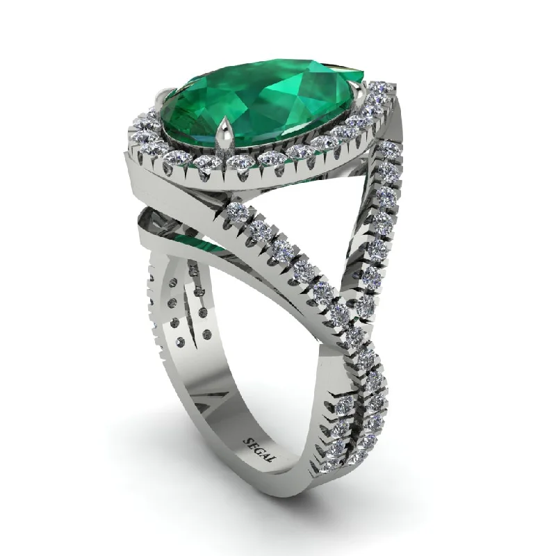 women’s solitaire engagement rings-Infinity Style Shank Halo Pear Emerald Engagement Ring - Janelle No. 6