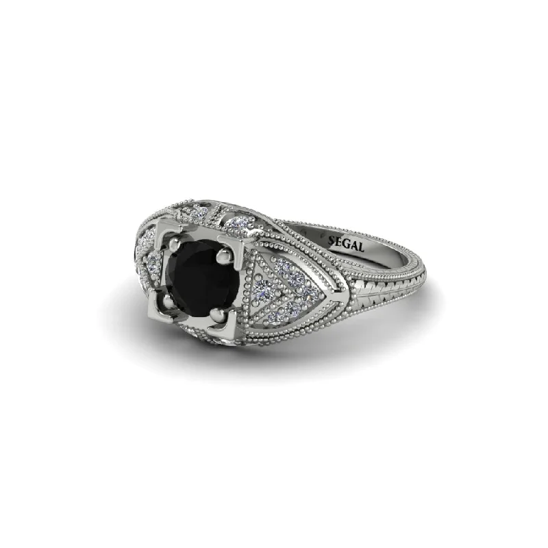 women’s square engagement rings-Round Black Diamond Filigree Art Deco Vintage Engagement Ring - Bree No. 9