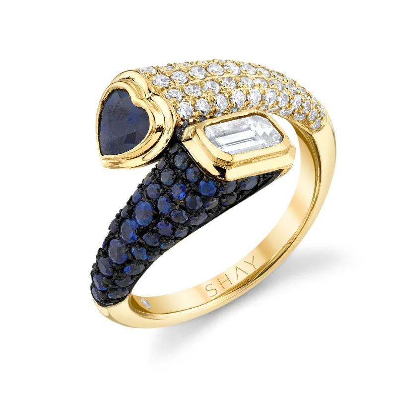 women’s square rings-READY TO SHIP DIAMOND & BLUE SAPPHIRE MIXED BYPASS PINKY RING