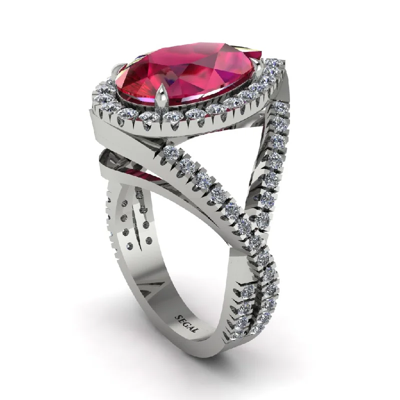 women’s oval cut engagement rings-Infinity Style Shank Halo Pear Ruby Engagement Ring - Janelle No. 12