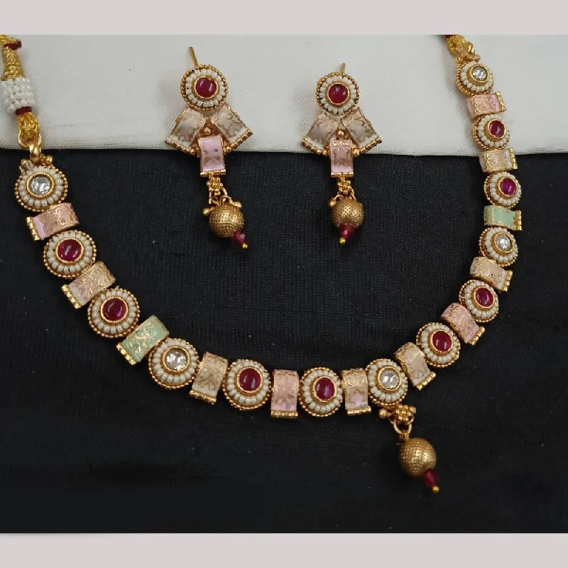 women’s vintage necklaces-Padmawati Bangles Gold Plated Pota Stone And Pearls Meenakari Necklace Set