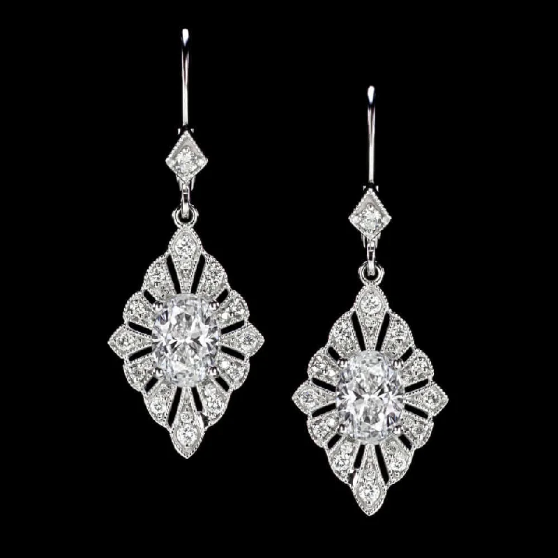 women’s statement earrings-1.74c LAB CREATED DIAMOND EARRINGS VINTAGE STYLE DANGLE DROP ART DECO STYLE HALO