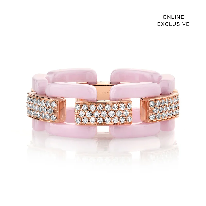 women’s colorful gemstone rings-READY TO SHIP DIAMOND PAVE PINK CERAMIC DECO LINK RING