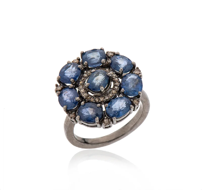 women’s sapphire rings-Nava Zahavi Silver Sapphire Diamonds Blossom Floral Ring