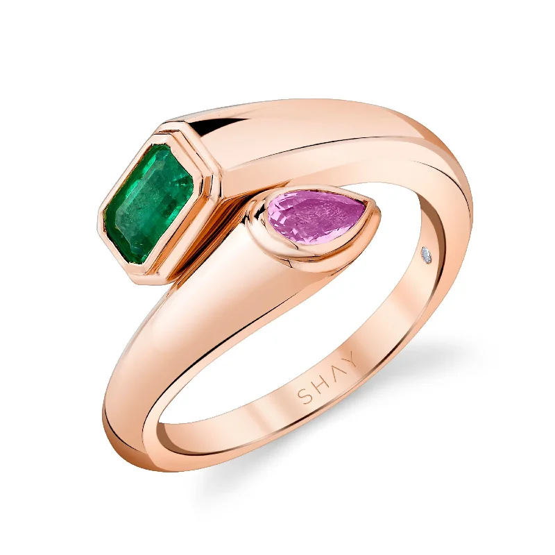 women’s colorful gemstone rings-EMERALD & PINK SAPPHIRE MIXED BYPASS PINKY RING