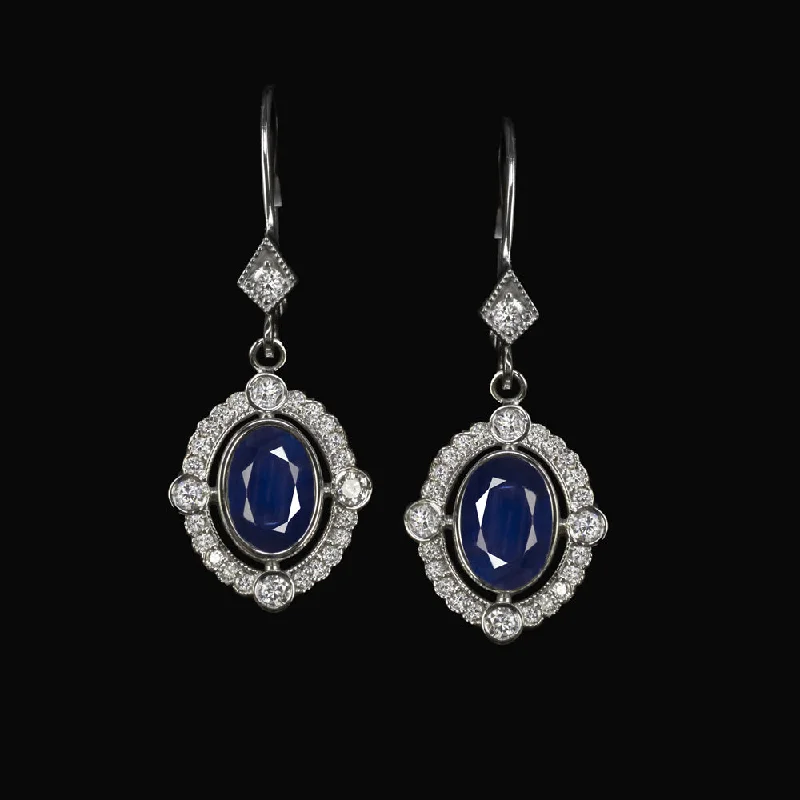 women’s oval earrings-SAPPHIRE DIAMOND DANGLE EARRINGS VINTAGE STYLE OVAL SCALLOP HALO NATURAL 14k