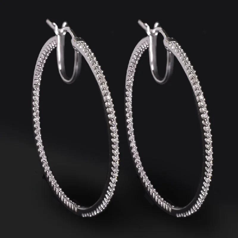 women’s colorful earrings-1ct NATURAL DIAMOND IN AND OUT HOOP EARRINGS 1.5 INCH ROUND CUT 10k WHITE GOLD