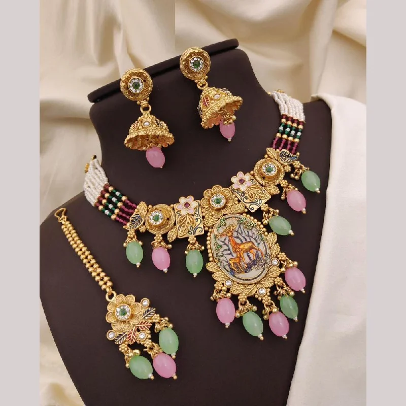 women’s sapphire pendant necklaces-Neetu Art Gold Plated Pota Stone And Meenakari Pearls Necklace Set