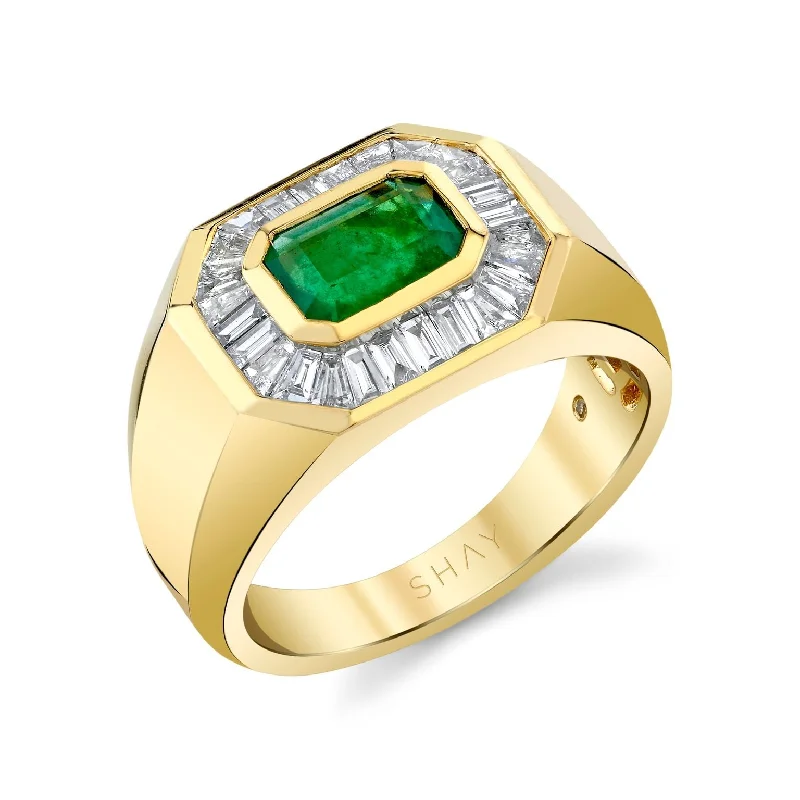 women’s vintage diamond rings-READY TO SHIP EMERALD & DIAMOND BAGUETTE CHAMPIONSHIP RING