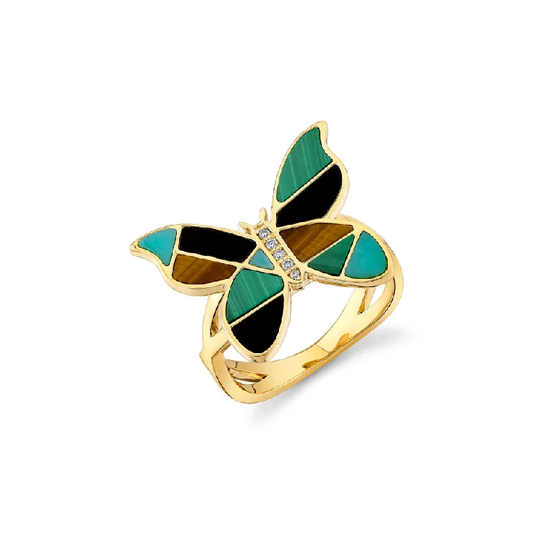 women’s silver gemstone rings-Gold & Diamond Mosaic Butterfly Ring