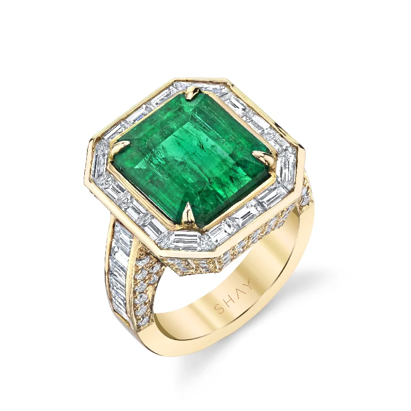 women’s cocktail rings-READY TO SHIP EMERALD BAGUETTE HALO COCKTAIL RING