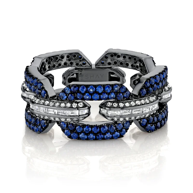 women’s rose gold rings-MEN'S BLUE SAPPHIRE & DIAMOND PAVE GEO LINK RING