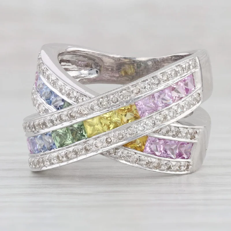 women’s stackable engagement rings-2.50ctw Crossover Multicolor Sapphire Diamond Ring 14k White Gold Size 5.75