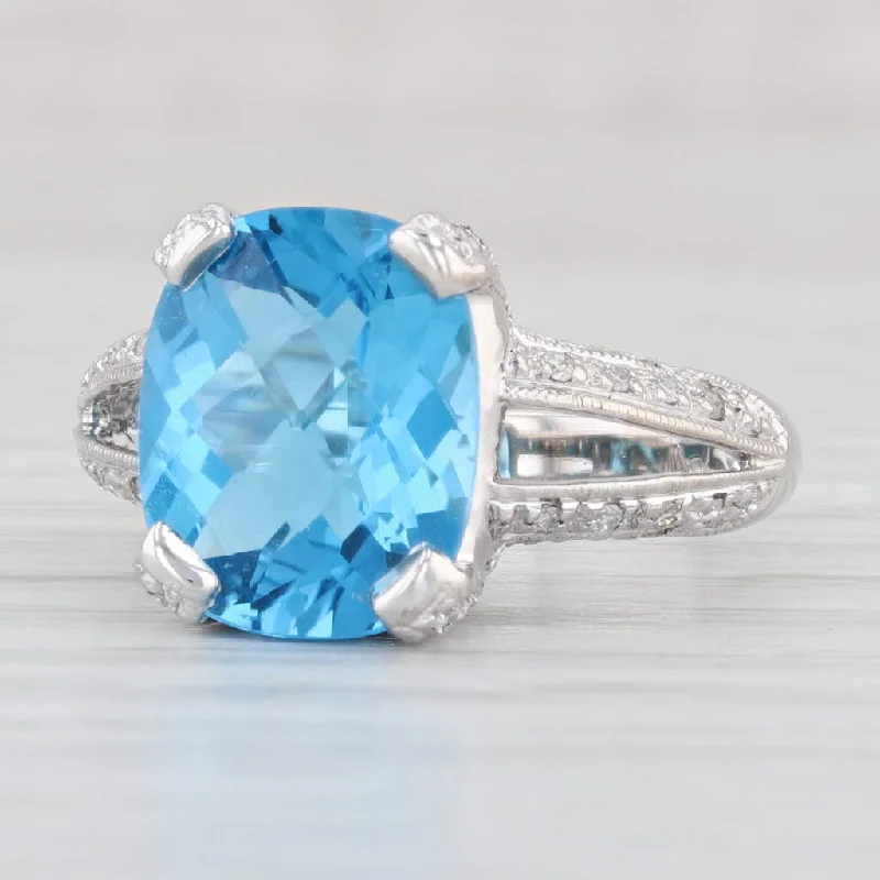 women’s vintage halo engagement rings-6ctw Rectangle Blue Topaz Diamond Ring 14k White Gold Size 6.5