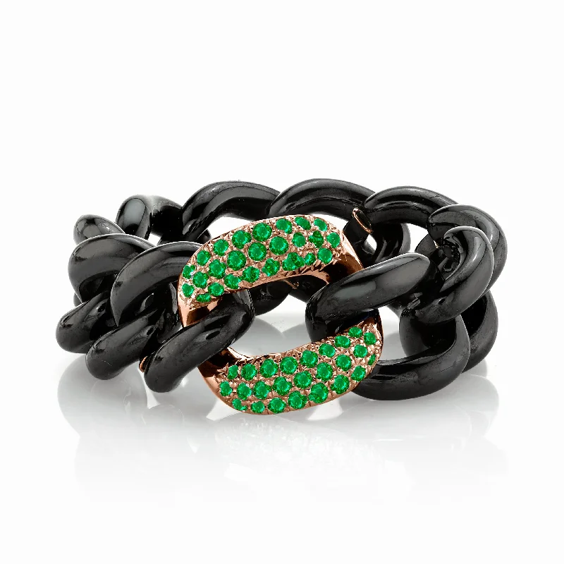 women’s diamond rings-EMERALD & BLACK CERAMIC MEDIUM LINK RING