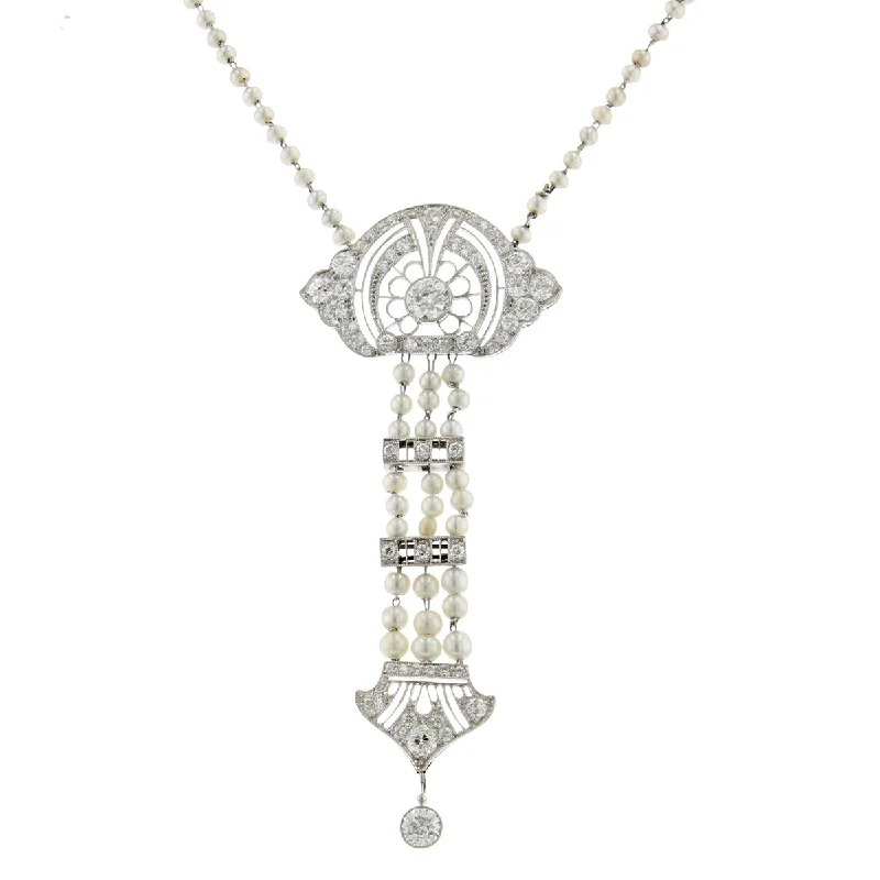 women’s silver pendant necklaces-Edwardian Diamond and Natural Seed Pearl Necklace