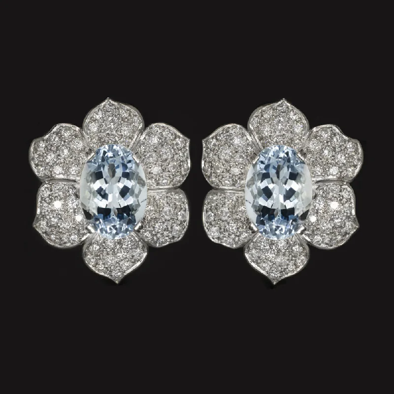 women’s crystal drop earrings-14.38ct AQUAMARINE DIAMOND STUD EARRINGS PLATINUM CERTIFIED FLOWER OVAL SHAPE