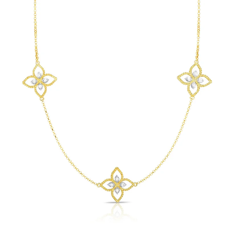 women’s minimalistic gold necklaces-Diamond Princess Flower 3 Station Necklace