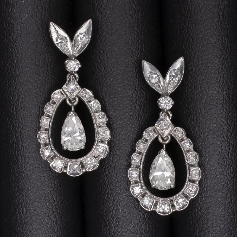 women’s trendy earrings-VINTAGE DIAMOND DANGLE EARRINGS MID CENTURY PEAR SHAPE DROP HALO 14k WHITE GOLD