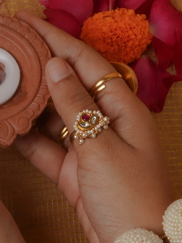 women’s vintage gold rings-Pink Color Gold Plated Jadau Kundan Ring - MRNG197WP