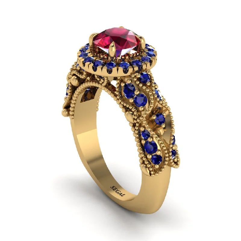 women’s cushion cut engagement rings-Exclusive Halo Ruby Milgrain Engagement Ring - Kendra No. 70